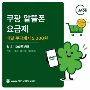 쿠팡 알뜰폰 요금제 월 21,100원부터 매달 쿠팡캐시 5,000원 안내 이미지