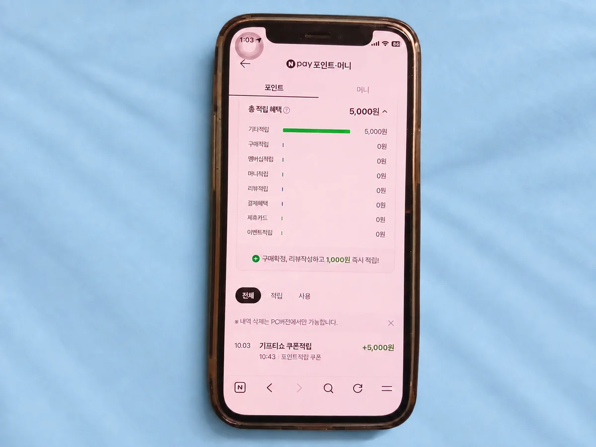 네이버페이 포인트 쿠폰 등록 후 기타적립으로 5,000원이 반영된 내역